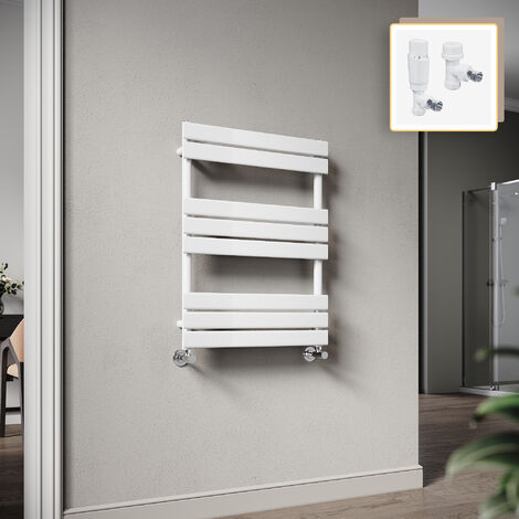 Elegant 800 x 600mm Heated Towel Rail White Flat Panel Design Tower Hanger, Modern Bathroom Radiator, Wall Mounted Ladder + White Thermostatic Radiator Valves