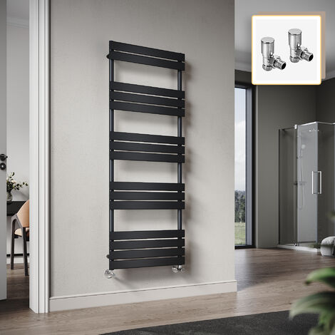 Elegant 1600 x 600mm Heated Towel Rail Black Radiator, Flat Panel Design Tower Hanger, Wall Mounted Ladder + Angled Radiator Valves