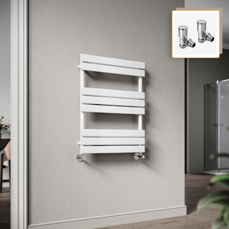 Elegant 800 x 600mm Heated Towel Rail White Radiator, Flat Panel Design Tower Hanger, Wall Mounted Ladder + Angled Radiator Valves