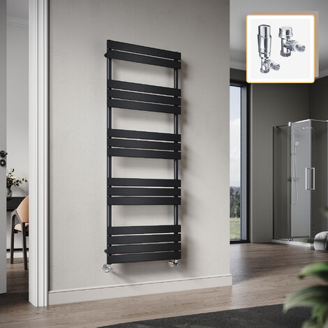 Elegant 1600 x 600mm Heated Towel Rail Black Radiator, Modern Flat Panel Designer Central Heating Towel Warmers + Chrome Thermostatic Radiator Valves