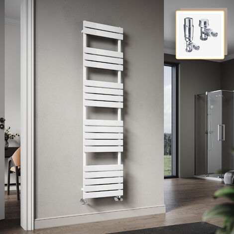 Elegant 1800 x 450mm Heated Towel Rail White Radiator, Modern Flat Panel Designer Central Heating Towel Warmers + Chrome Thermostatic Radiator Valves