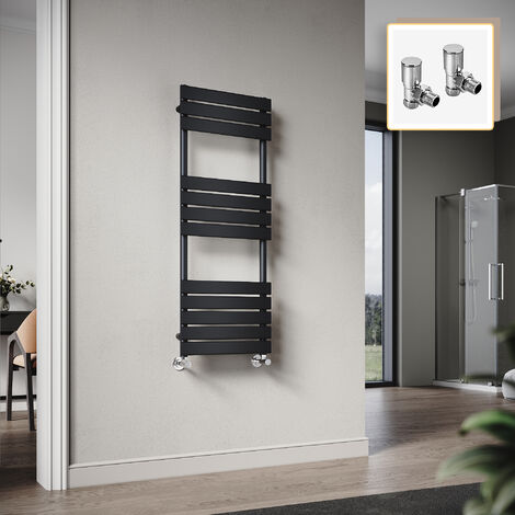 Elegant 1200 x 450mm Heated Towel Rail Black Radiator, Flat Panel Design Tower Hanger, Wall Mounted Ladder + Angled Radiator Valves
