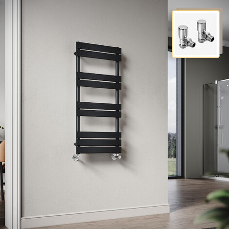 Elegant 1000 x 450mm Heated Towel Rail Black Radiator, Flat Panel Design Tower Hanger, Wall Mounted Ladder + Angled Radiator Valves (1/5)
