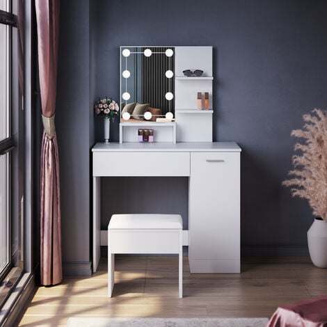 ELEGANT Dressing Table, Vanity Makeup Desk Set with Adjustable 3 Color LED Lights, Open Shelves, Closed Storage and Stool
