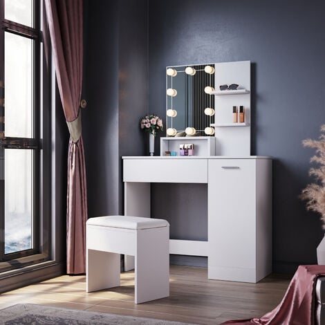 ELEGANT Dressing Table, Vanity Makeup Desk Set with Adjustable 3 Color LED Lights, Open Shelves, Closed Storage and Stool