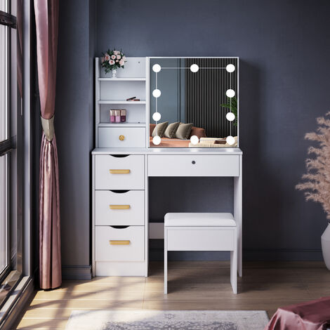 ELEGANT Dressing Table, Vanity Makeup Desk Slid Mirror and 5 Drawers 2 Shelves, Dresser Set with Stool + Mirror Lights