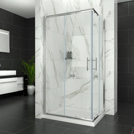 Shower Enclosure Corner Entry Cubical Glass Sliding Screen Door Stone Tray+Waste 
