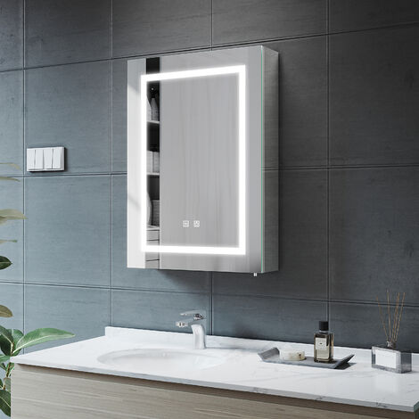 500x700x130mm Illuminated LED Bathroom Mirror Cabinet with Shaver Socket, Soft Close Bathroom Mirror Cabinet with Demister Pad Stainless Steel, NMC01