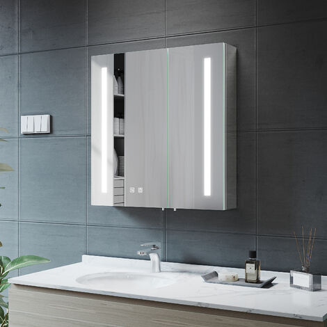 630x650x130mm Illuminated LED Bathroom Mirror Cabinet with Shaver Socket, 2 Door Soft Close Large Mirrored Cabinet with Demister Pad, NMC03