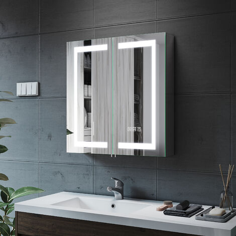 650x630x130mm Illuminated LED Bathroom Mirror Cabinet with Shaver Socket, 3 Light Changing Modes Demister and Sensor Stainless Steel Cupboard, NMC05