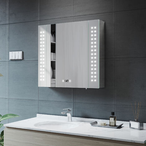 650x600x130mm Illuminated LED Bathroom Mirror Cabinet with Shaver Socket, Soft Close Door Demister Pad Clock Display Stainless Steel, NMC04