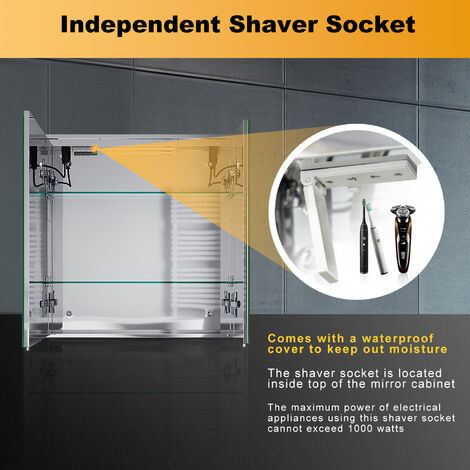 650x600x130mm Illuminated LED Bathroom Mirror Cabinet with Shaver Socket, Soft Close Door Demister Pad Clock Display Stainless Steel, NMC04