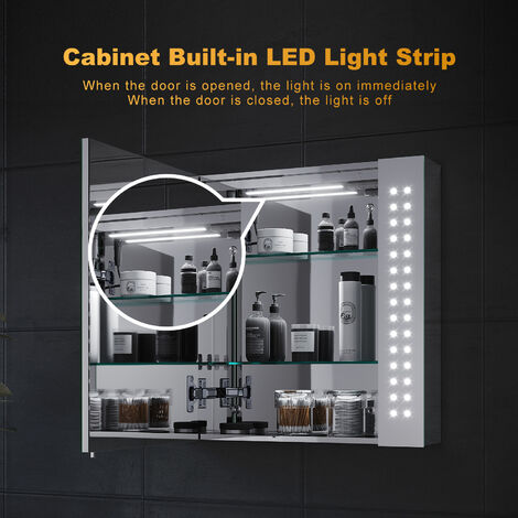 650x600x130mm Illuminated LED Bathroom Mirror Cabinet with Shaver Socket, Soft Close Door Demister Pad Clock Display Stainless Steel, NMC04