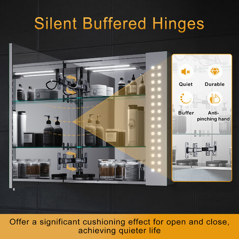 650x600x130mm Illuminated LED Bathroom Mirror Cabinet with Shaver Socket, Soft Close Door Demister Pad Clock Display Stainless Steel, NMC04