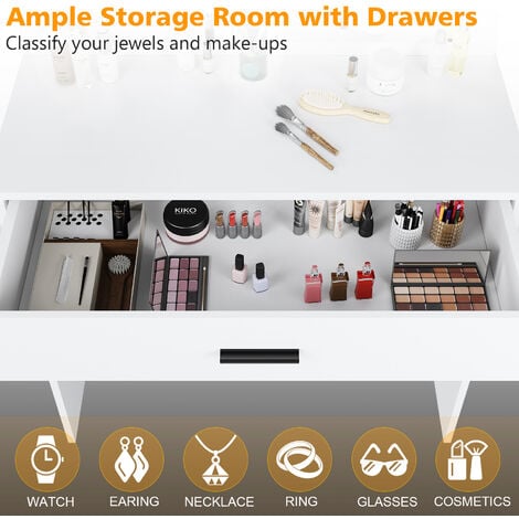 ELEGANT Hollywood Vanity Mirror White Dressing Table with Adjustable 3 Color LED Lights, Girls Makeup Desk with 1 Large Storage Drawer, Bedroom Available