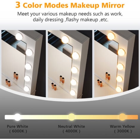 ELEGANT Hollywood Vanity Mirror White Dressing Table with Adjustable 3 Color LED Lights, Girls Makeup Desk with 1 Large Storage Drawer, Bedroom Available