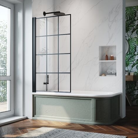Matt Black 180 Degree Pivot Panel Bath Screen Square Grid Design 800x1400mm Tempered Glass Panel