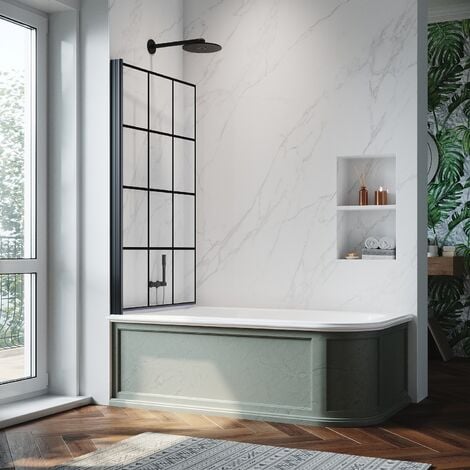 Matt Black 180 Degree Pivot Panel Bath Screen Square Grid Design 800x1400mm Tempered Glass Panel