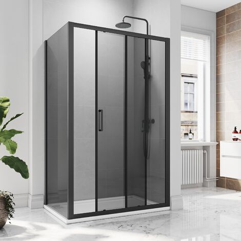 1200x900mm, 8mm NANO Grey Glass, Black Aluminium Frame, Sliding Shower Door Modern Bathroom with 900mm Side Panel, SMC Tray + Waste Trap