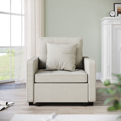 ELEGANT Modern Convertible Sofa Bed 3-in-1 Pull out Arm Chair Folding Recliner Sleeper Single Bed Equipped with Two Pillows, 6-Levels Adjustable, Cream, 81x87x77.5cm