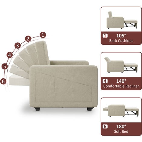 ELEGANT Modern Convertible Sofa Bed 3-in-1 Pull out Arm Chair Folding Recliner Sleeper Single Bed Equipped with Two Pillows, 6-Levels Adjustable, Cream, 81x87x77.5cm