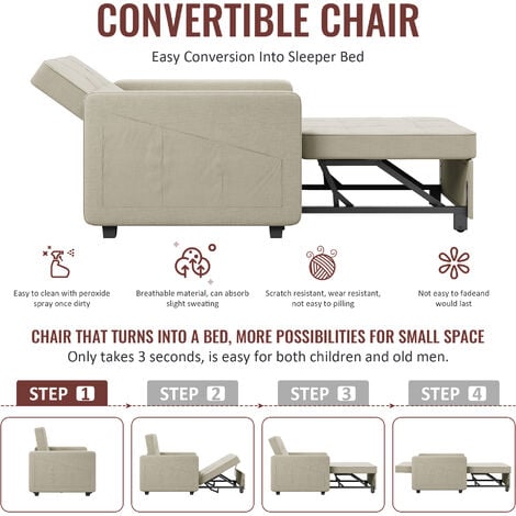 ELEGANT Modern Convertible Sofa Bed 3-in-1 Pull out Arm Chair Folding Recliner Sleeper Single Bed Equipped with Two Pillows, 6-Levels Adjustable, Cream, 81x87x77.5cm