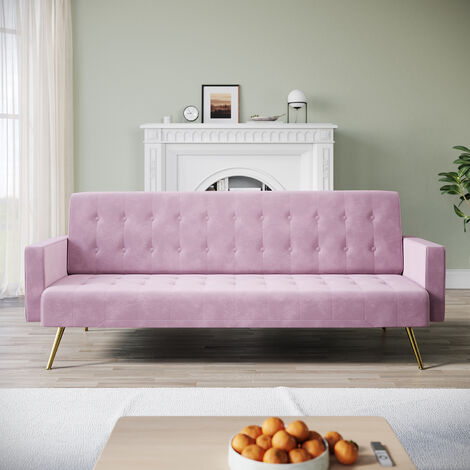 ELEGANT Modern Fabric Sofa Bed Click Clack Sofa Settee Recliner Couch, 3-levels Adjustable, Anti Slip Metal Legs, Velvet Cloth Fabric, Pink, 192x79x75cm
