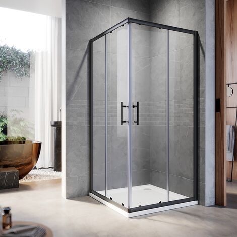 ELEGANT Shower Door Sliding Corner Entry Black Shower Enclosure with High-quality Black Aluminum Frame 900 x 900 mm