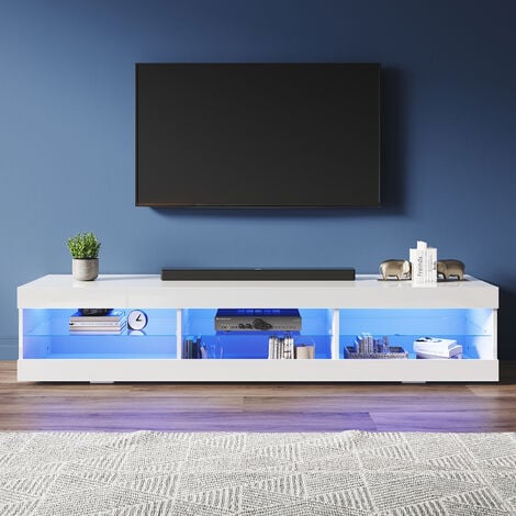 ELEGANT 1800 mm Modern High Gloss TV Stands with LED Lights TV Cabinet with 3 Glass Partitions Open Storage Space Design White