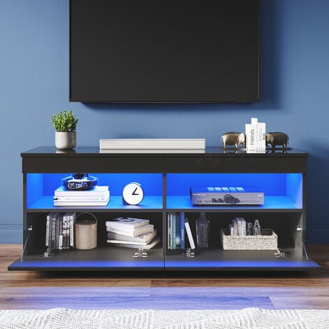ELEGANT 1200mm Modern High Gloss TV Stands with LED Lights TV Cabinet with 2 Drawers for Living Room Bedroom Furniture, Black