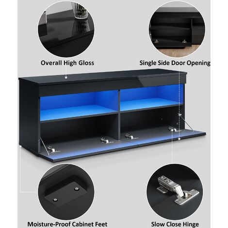 ELEGANT 1200mm Modern High Gloss TV Stands with LED Lights TV Cabinet with 2 Drawers for Living Room Bedroom Furniture, Black