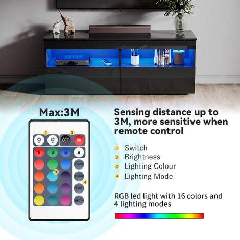 ELEGANT 1200mm Modern High Gloss TV Stands with LED Lights TV Cabinet with 2 Drawers for Living Room Bedroom Furniture, Black