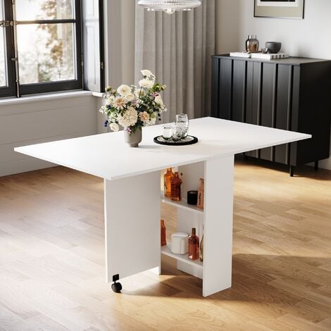 ELEGANT Drop Leaf Dining Table, Modern Folding Dining Table with Storage Shelves, Extendable Kitchen Table on Wheels, White