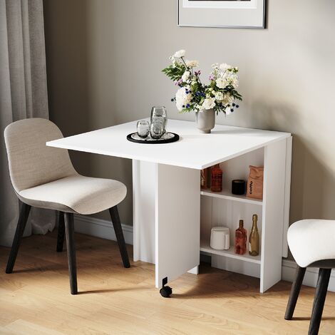 ELEGANT Drop Leaf Dining Table, Modern Folding Dining Table with Storage Shelves, Extendable Kitchen Table on Wheels, White