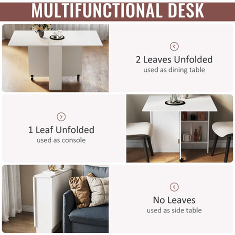 ELEGANT Drop Leaf Dining Table, Modern Folding Dining Table with Storage Shelves, Extendable Kitchen Table on Wheels, White