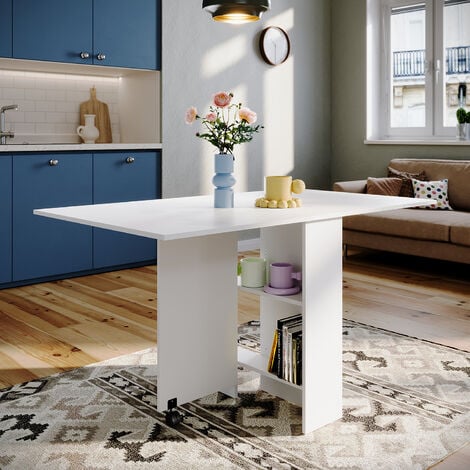 ELEGANT Folding Dining Table, Drop Leaf Table for Small Spaces with 2 Open Storage Shelves, Small Kitchen Table with Rolling Casters, White