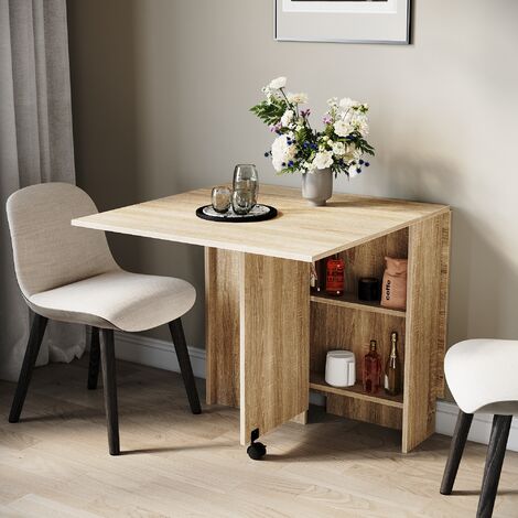 ELEGANT Drop Leaf Dining Table, Modern Folding Dining Table with Storage Shelves, Extendable Kitchen Table on Wheels, Beige
