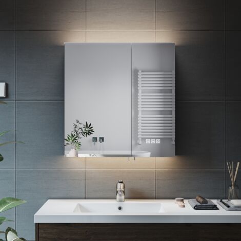 630x650x130mm ELEGANT Illuminated LED Bathroom Mirror Cabinet with Shaver Socket, 3 Lighting Modes Dimmable LED Illumiated + Bluetooth Function, NMC12