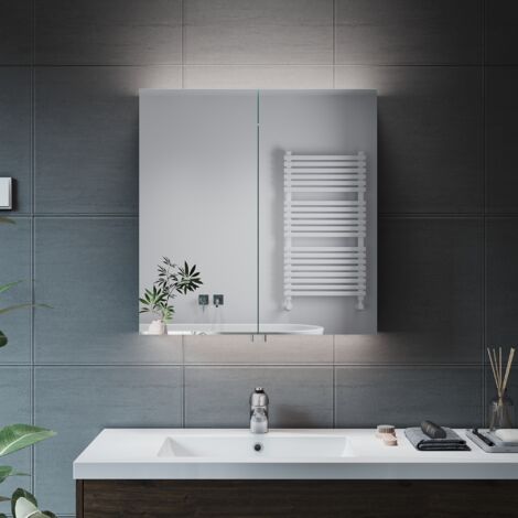 630x650x130mm ELEGANT Illuminated LED Bathroom Mirror Cabinet with Shaver Socket, Black Cabinet Design, Hydraulic Cushioning Hinges, NMC13
