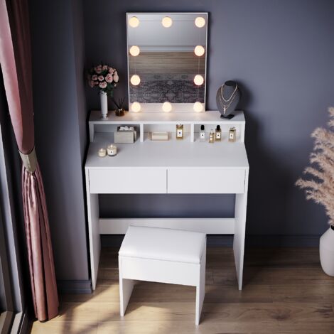 ELEGANT Dressing Table, Vanity Makeup Table with 3 Open Compartments and 2 Drawers, White Dresser Set with Stool + 3 Color LED Lights