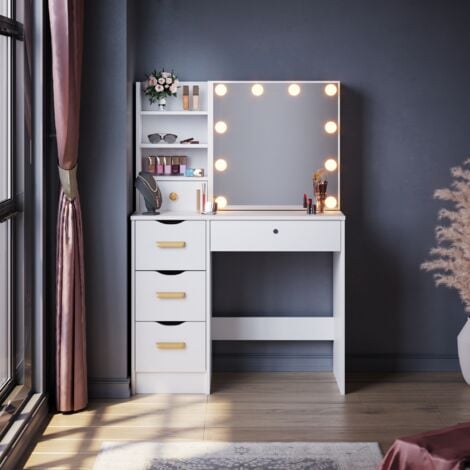 ELEGANT Dressing Table, Vanity Makeup Desk Slid Mirror and 5 Drawers 2 Shelves, White Single Table + Mirror Lights