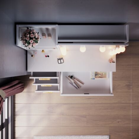 ELEGANT Dressing Table, Vanity Makeup Desk Slid Mirror and 5 Drawers 2 Shelves, White Single Table + Mirror Lights