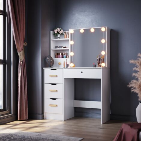 ELEGANT Dressing Table, Vanity Makeup Desk Slid Mirror and 5 Drawers 2 Shelves, White Single Table + Mirror Lights