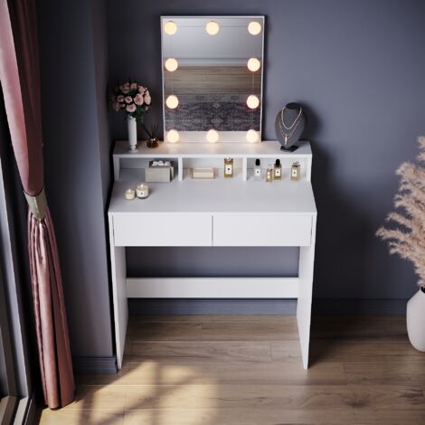 ELEGANT Dressing Table, Vanity Makeup Table with 3 Open Compartments and 2 Drawers, White Single Table + 3 Color LED Lights