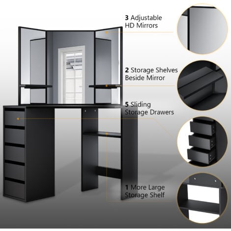 ELEGANT Corner Dressing Table, LED Vanity Makeup Desk with 3 Mirrors 5 Drawers, Black Bedroom Furniture Corner Curved Vanity Table