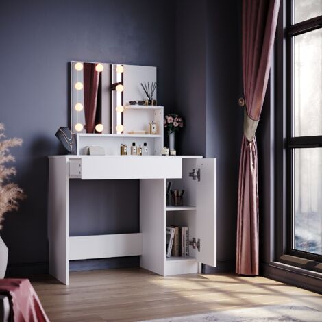 ELEGANT Dressing Table, Vanity Makeup Desk with Adjustable 3 Color LED Lights, Closed Storage