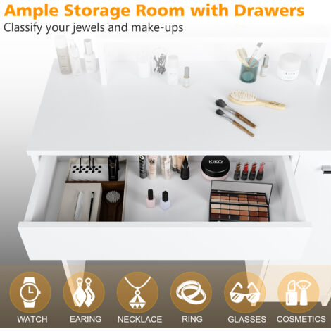 ELEGANT Dressing Table, Vanity Makeup Desk with Adjustable 3 Color LED Lights, Closed Storage