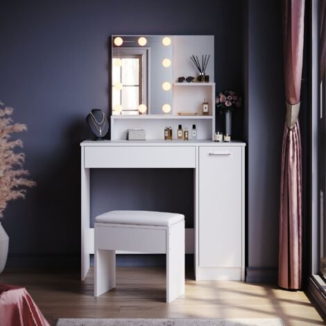 ELEGANT Dressing Table, Vanity Makeup Desk Set with Adjustable 3 Color LED Lights, Closed Storage and Stool