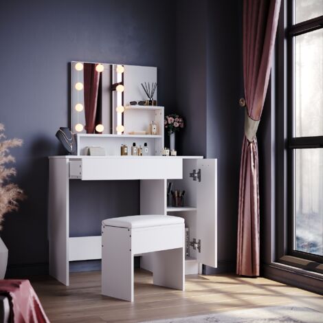 ELEGANT Dressing Table, Vanity Makeup Desk Set with Adjustable 3 Color LED Lights, Closed Storage and Stool