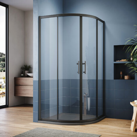 ELEGANT Quadrant Shower Enclosure Black Frame Sliding Cubicle Door 6mm Tempered Glass 800 x 800 mm with Grey Tray + Waste Tray (Black)